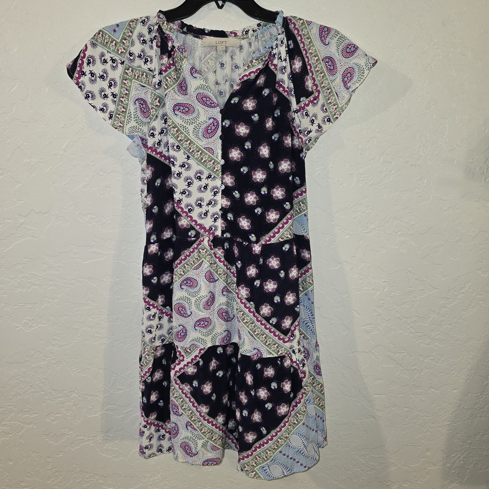 LOFT Patchwork‎ Button up Dress Sz Medium Comfy Western Boho Navy Blue Paisley